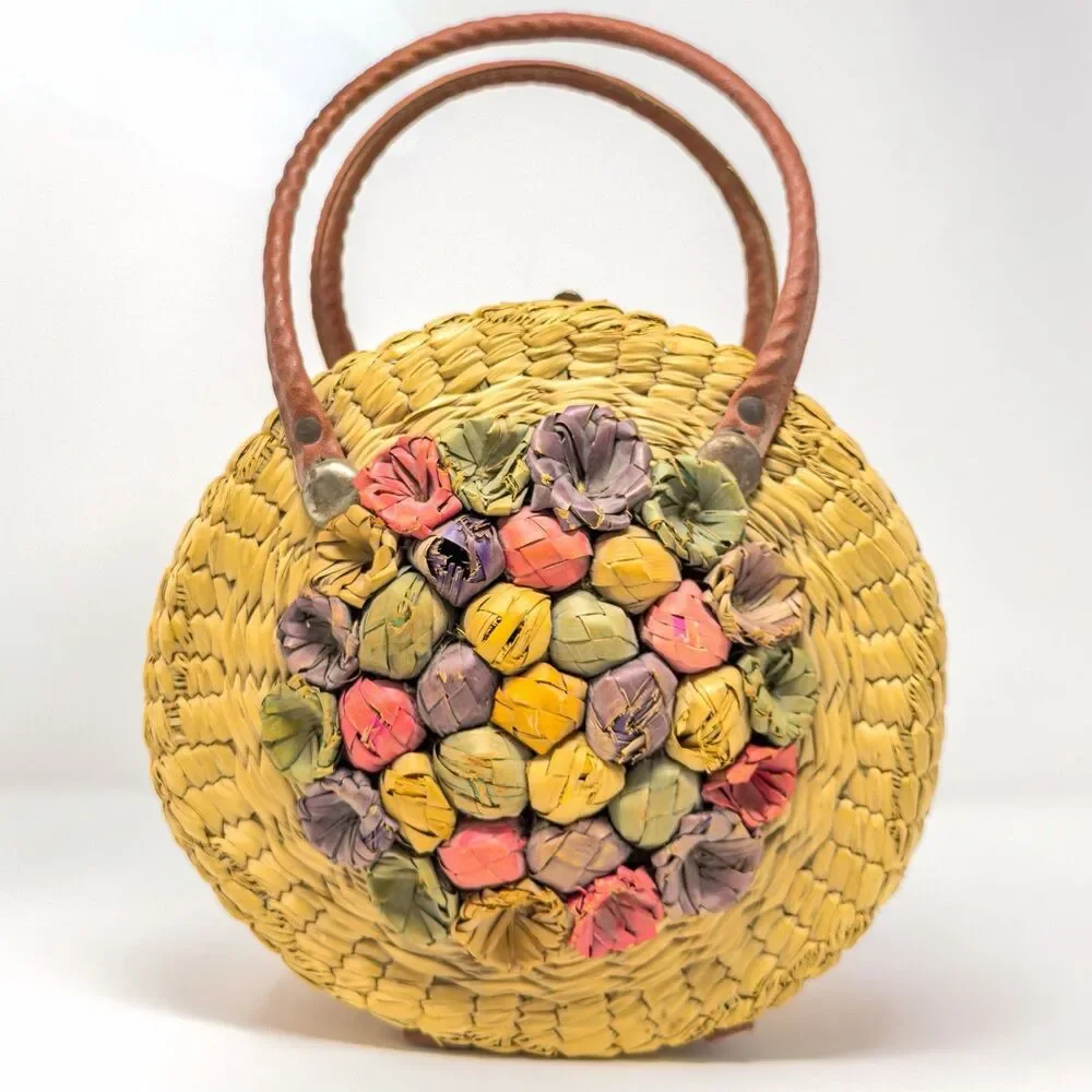 Vintage Woven Straw Sewing Basket Floral Lid Leather Handle Round Boho Bag